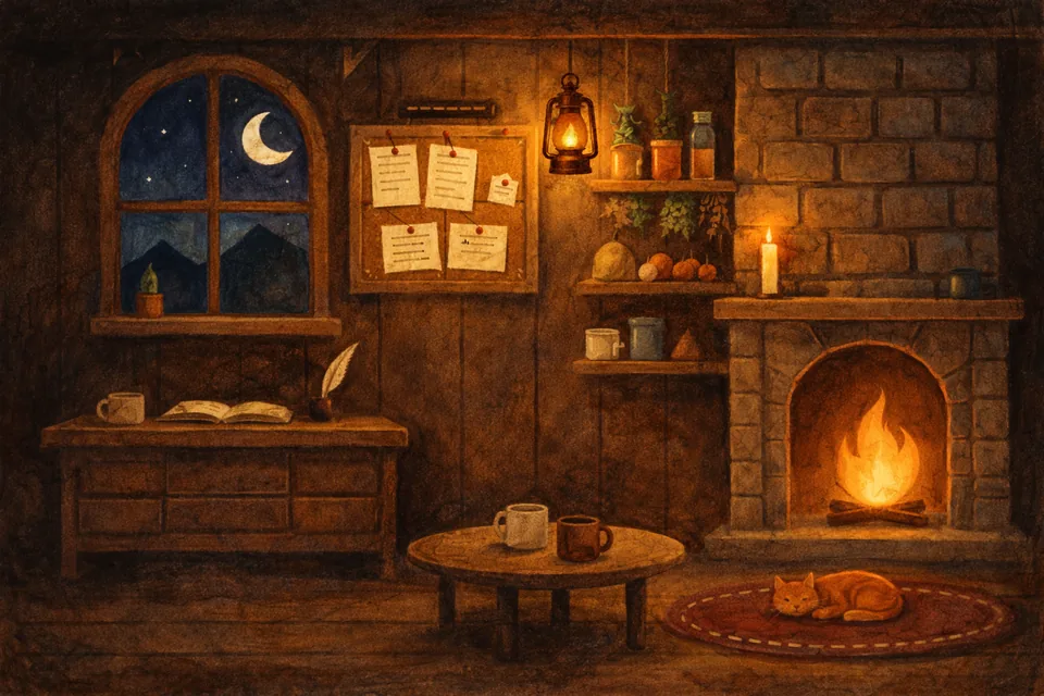 The inn's common room at night: a fire in the hearth, a hanging lantern, a quest board, and a cat asleep on the rug